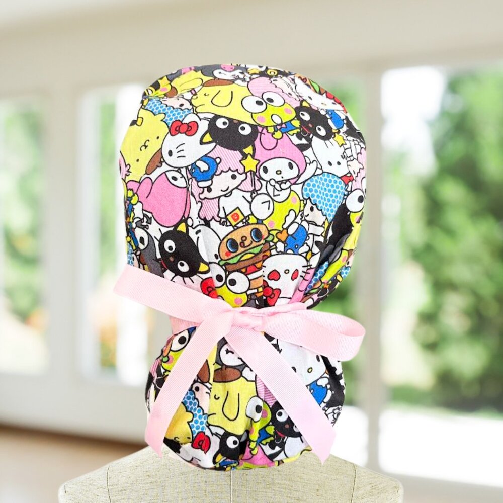 Hello Kitty Friends ~ Ponytail Scrub Cap, Nurse Cap, Scrub Hat, OR, CNA, Gift.